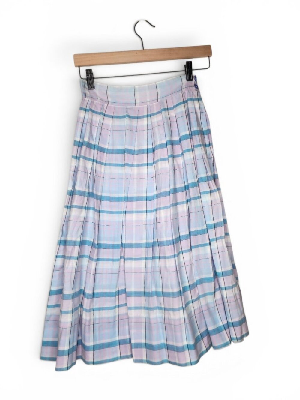 Vintage Pleated Pastel Plaid Midi Skirt in Blue Purple and White Size XS